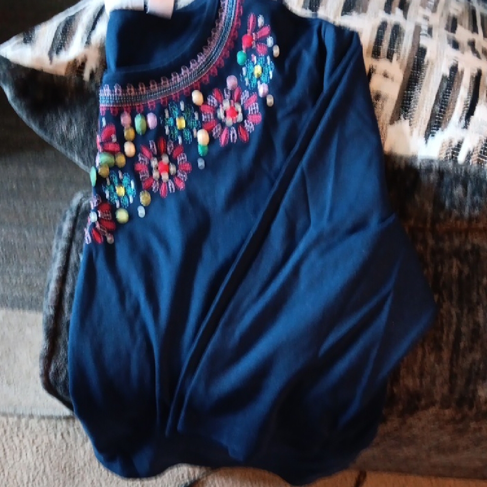 Alfred Dunner Navy Long Sleeve Top with Floral Embroidery - Picture 4 of 4